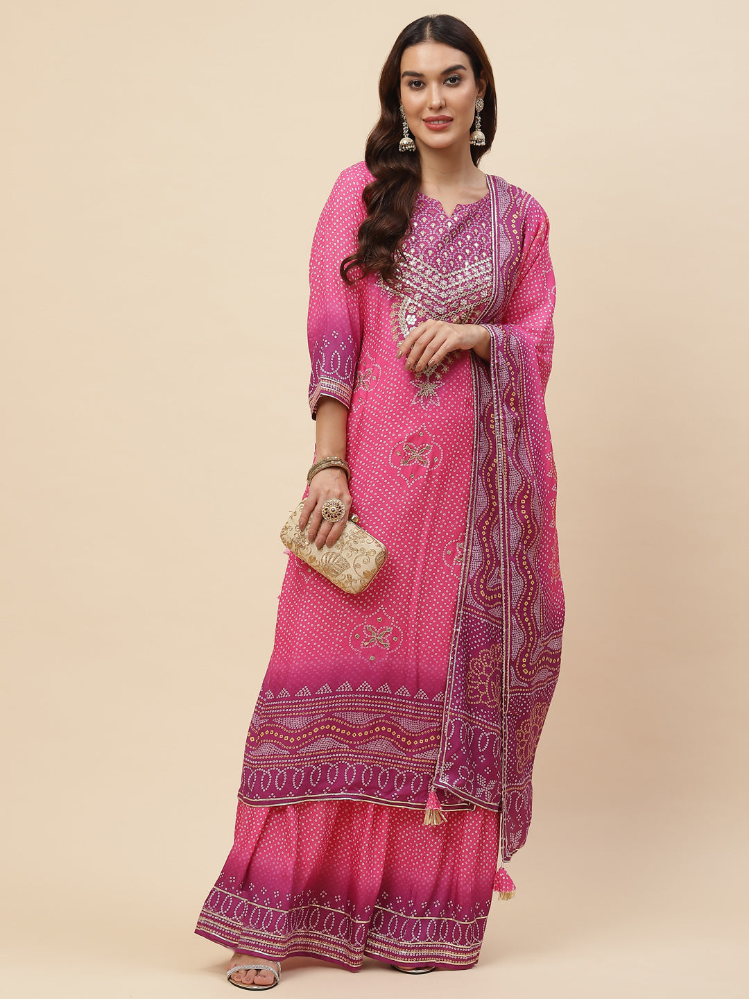 Bandhani Printed Muslin Kurta With Sharara With Dupatta