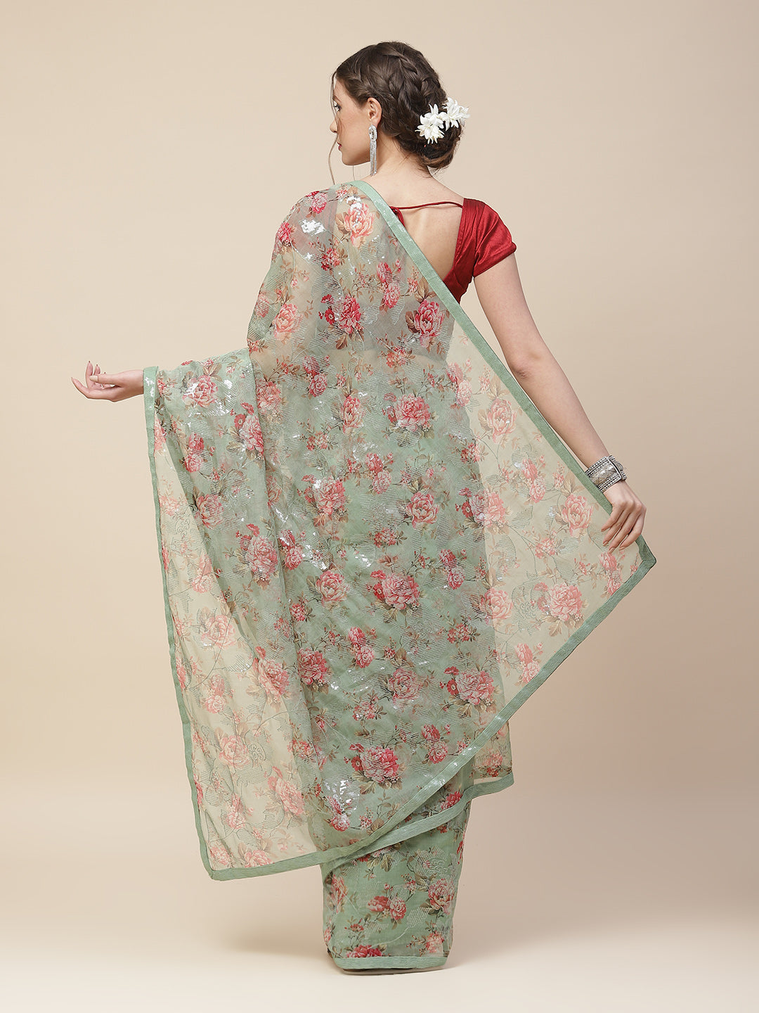 Floral Digital Printed Sequence Organza Saree