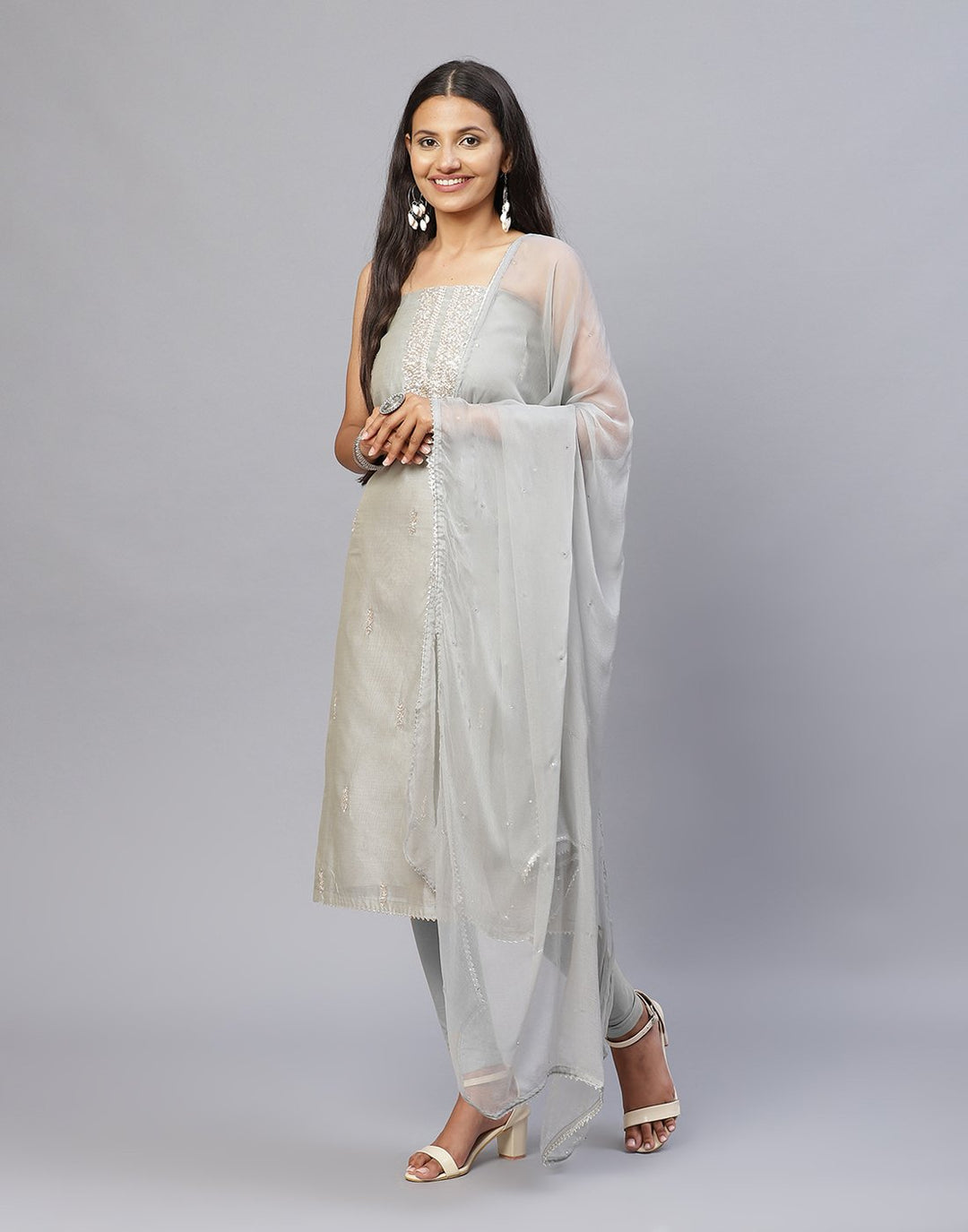 Embroidered Chanderi Suit Piece With Chiffon Dupatta