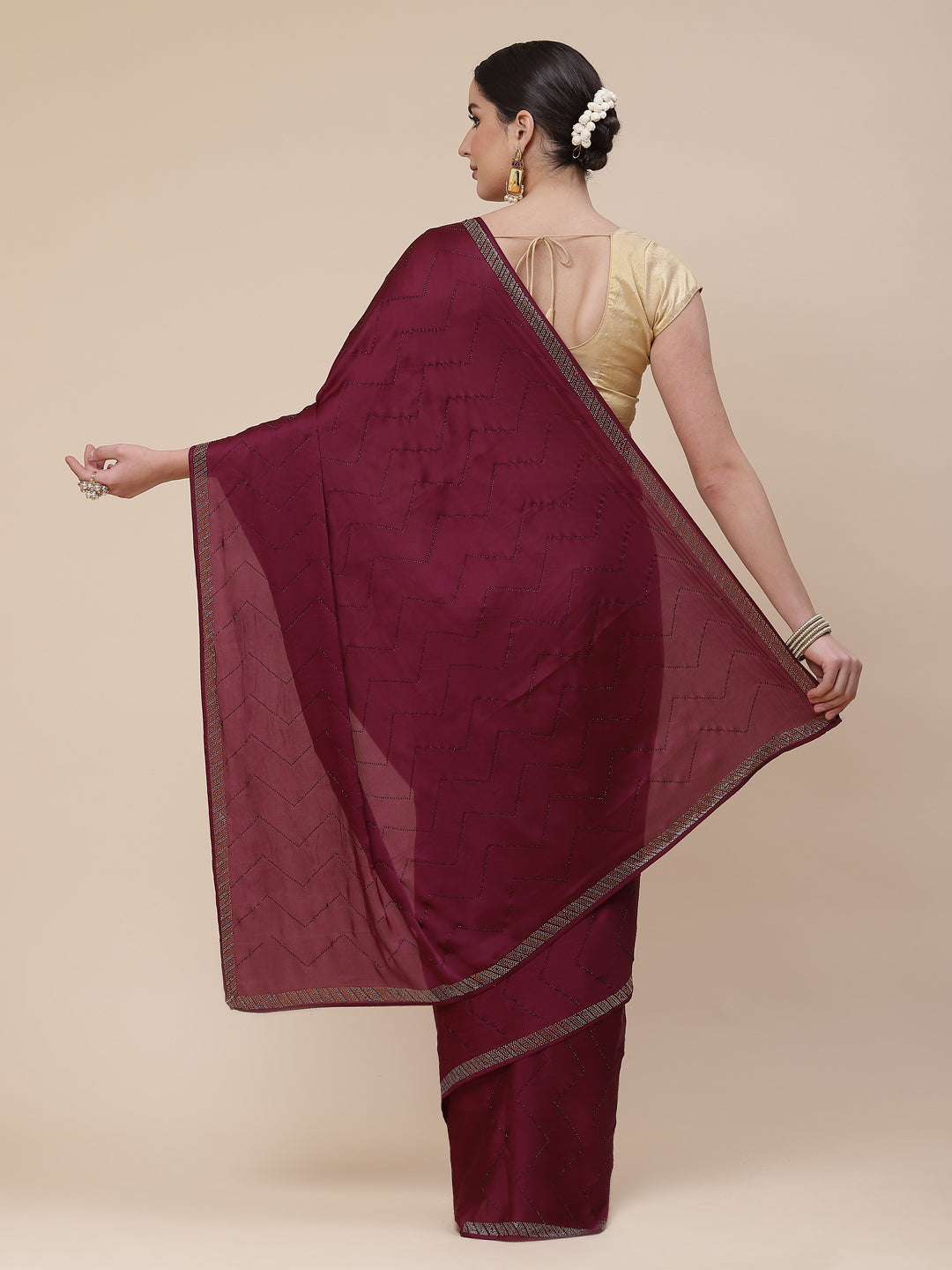 Stone Jaal Satin Embroidered Saree