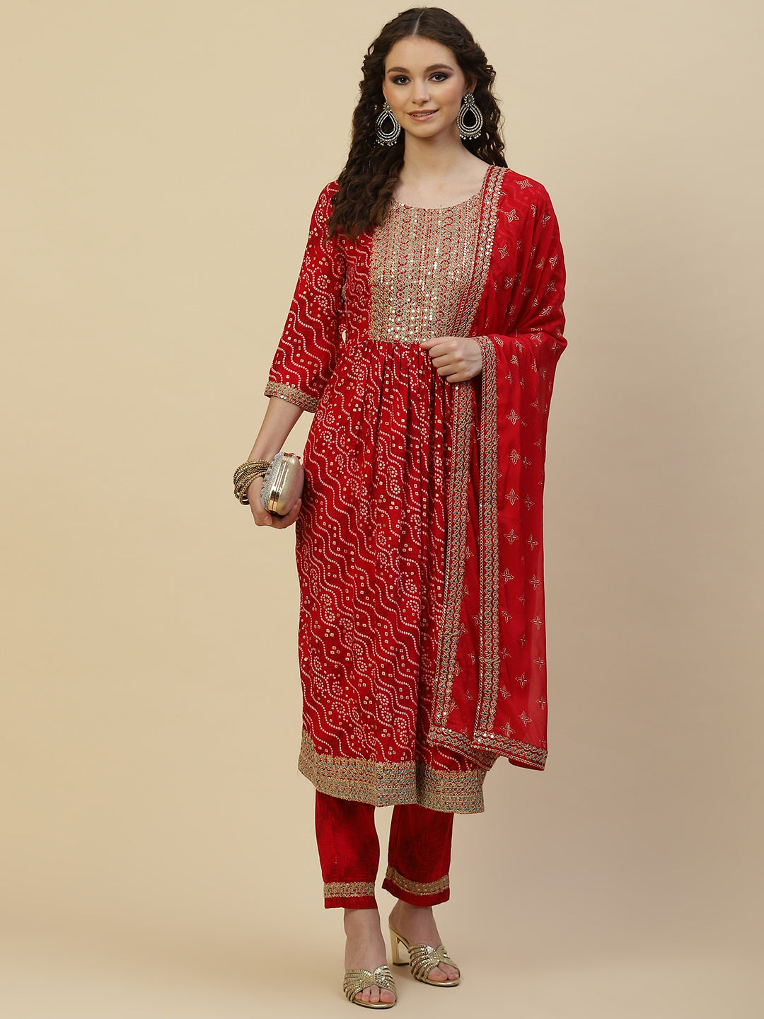 Bandhani Printed Cotton Kurta With Pants &amp; Dupatta