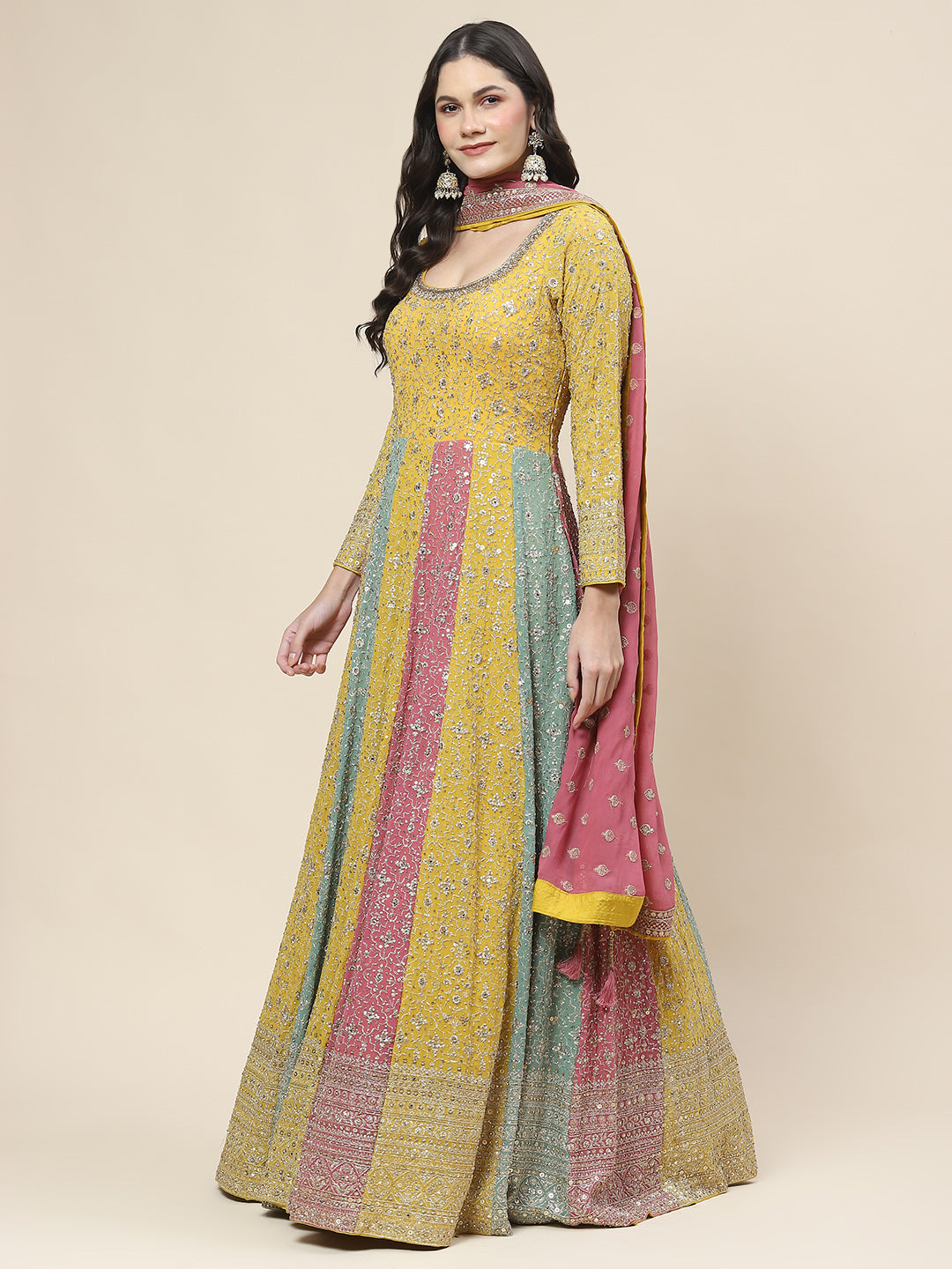 Zari Embroidered Georgette Kurta With Churidar &amp; Dupatta