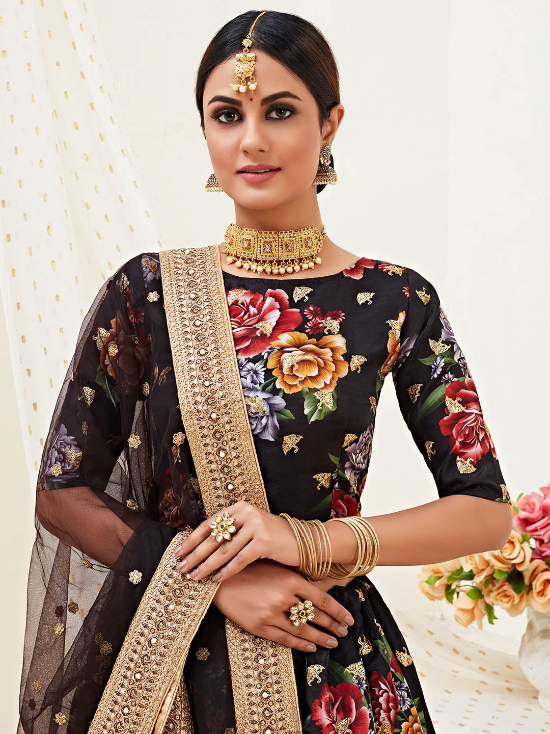 Floral Print Unstitched Lehenga Choli in Black with Embroidered Net Dupatta