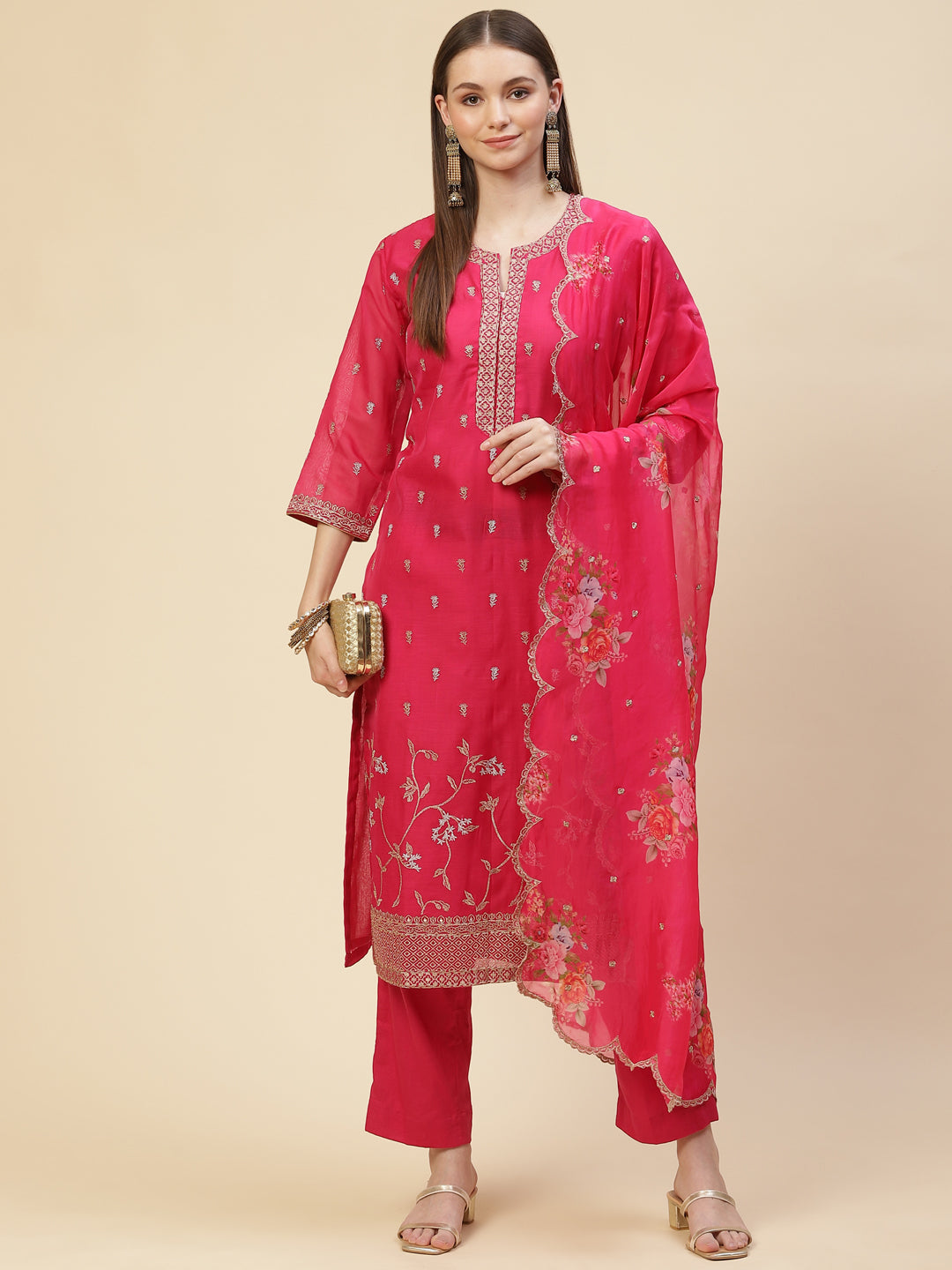 Resham Booti Cotton Kurta With Pants &amp; Dupatta