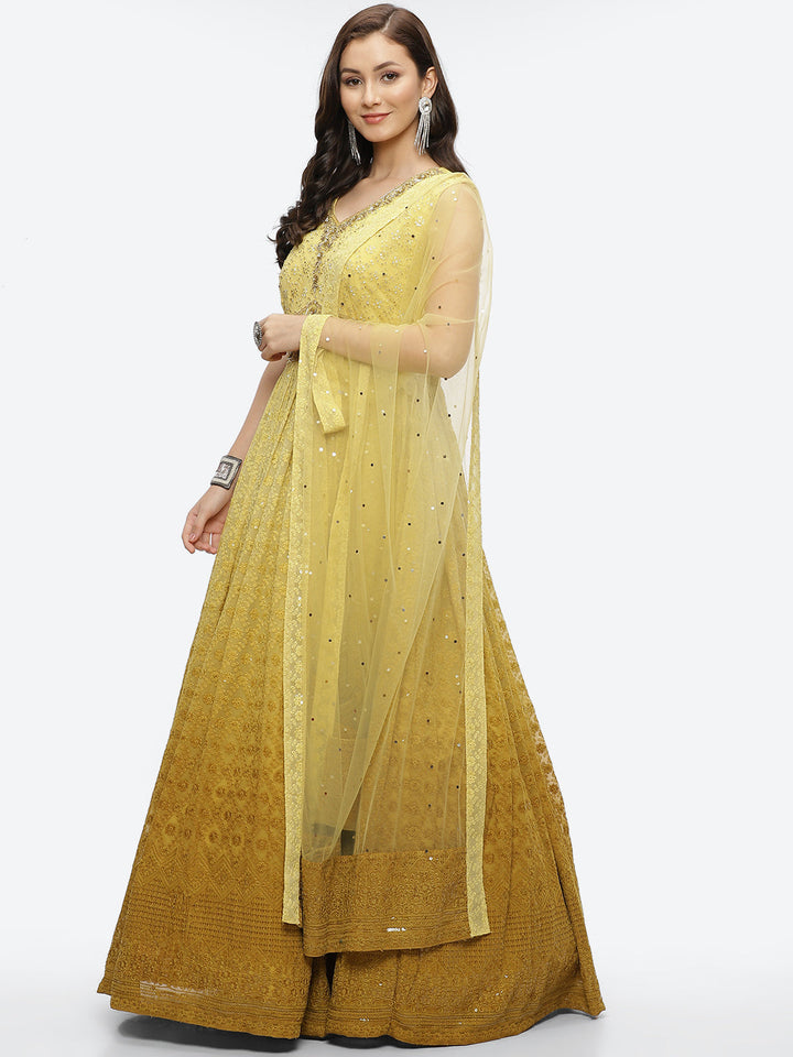 Embroidered Georgette Anarkali Kurta With Churidar &amp; Dupatta