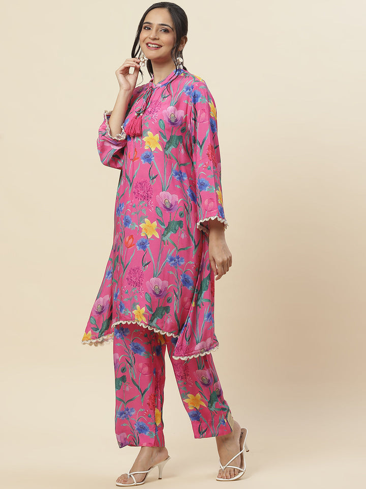 Floral Printed Muslin Kurti With Pants
