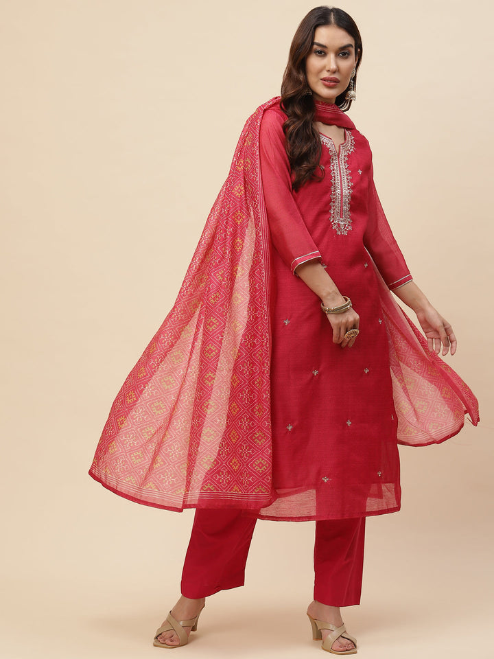 Neck Embroidered Chanderi Kurta With Pants &amp; Dupatta