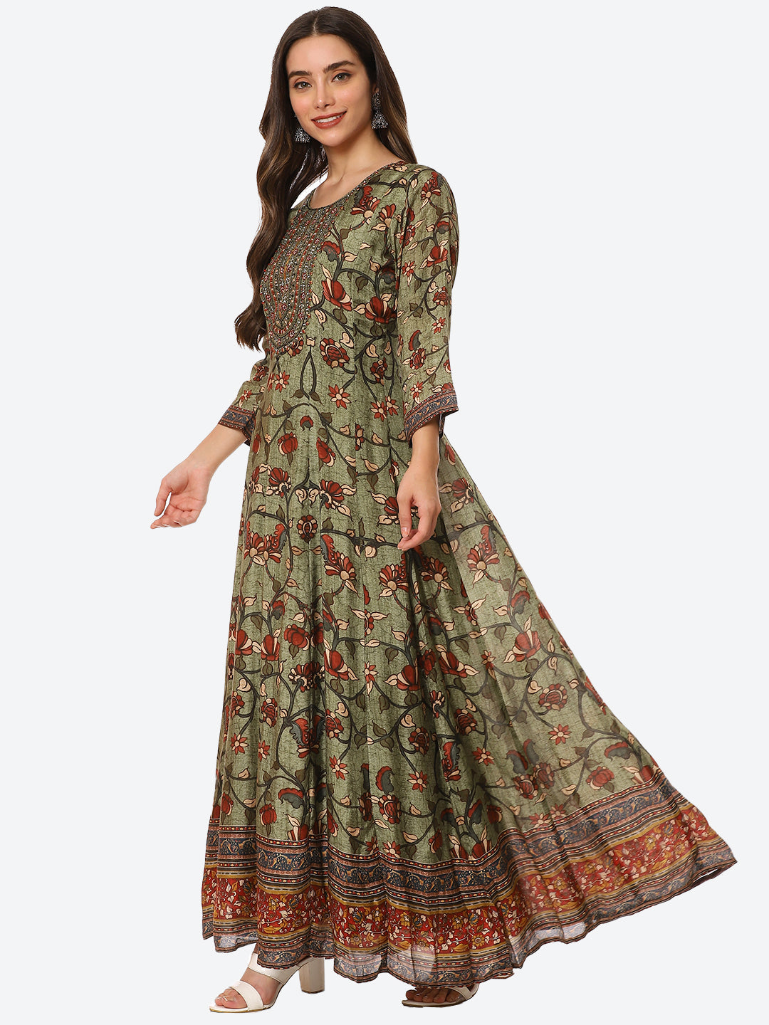 Mirror Neck Embroidered Printed Muslin Anarkali Kurta