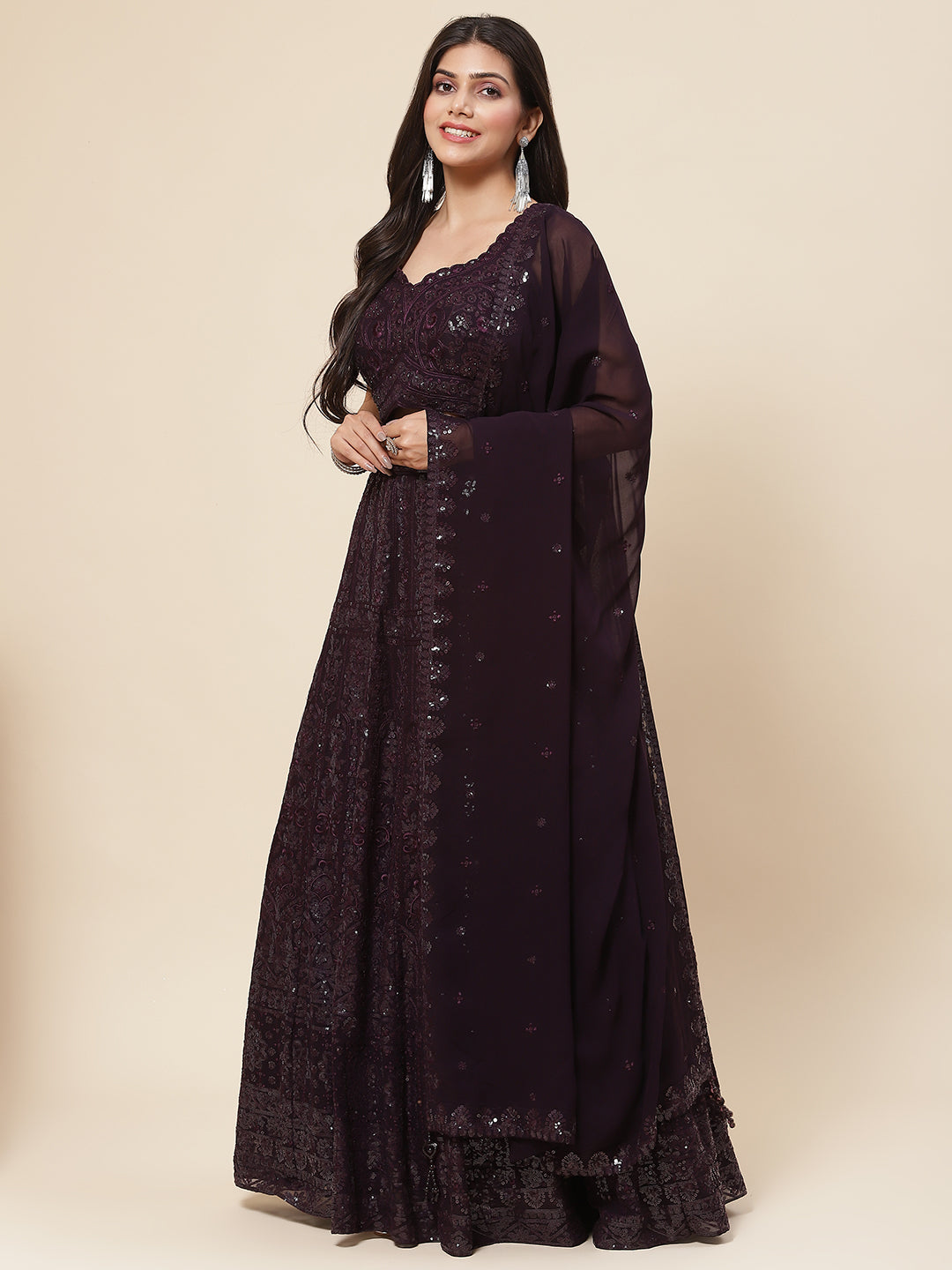 Sequin Embroidered Georgette Choli With Lehenga &amp; Dupatta