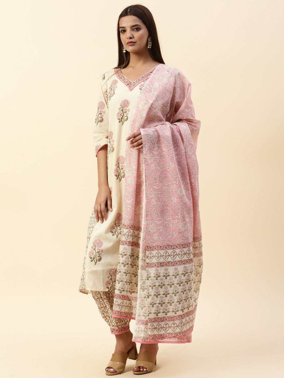 Printed Cotton Kurta With Pants &amp; Dupatta