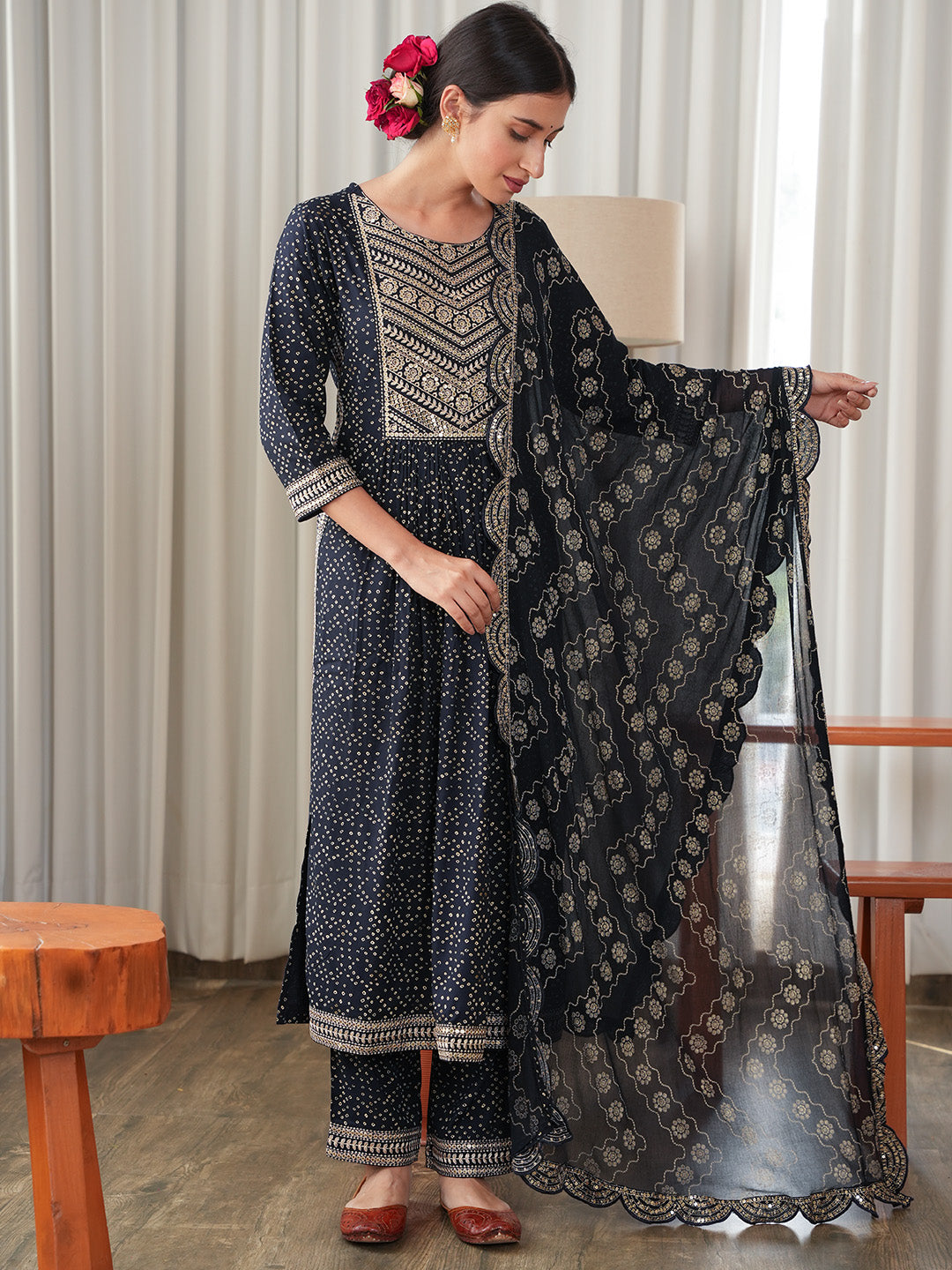 Bandhani Embroidered Rayon Kurta With Pants &amp; Dupatta