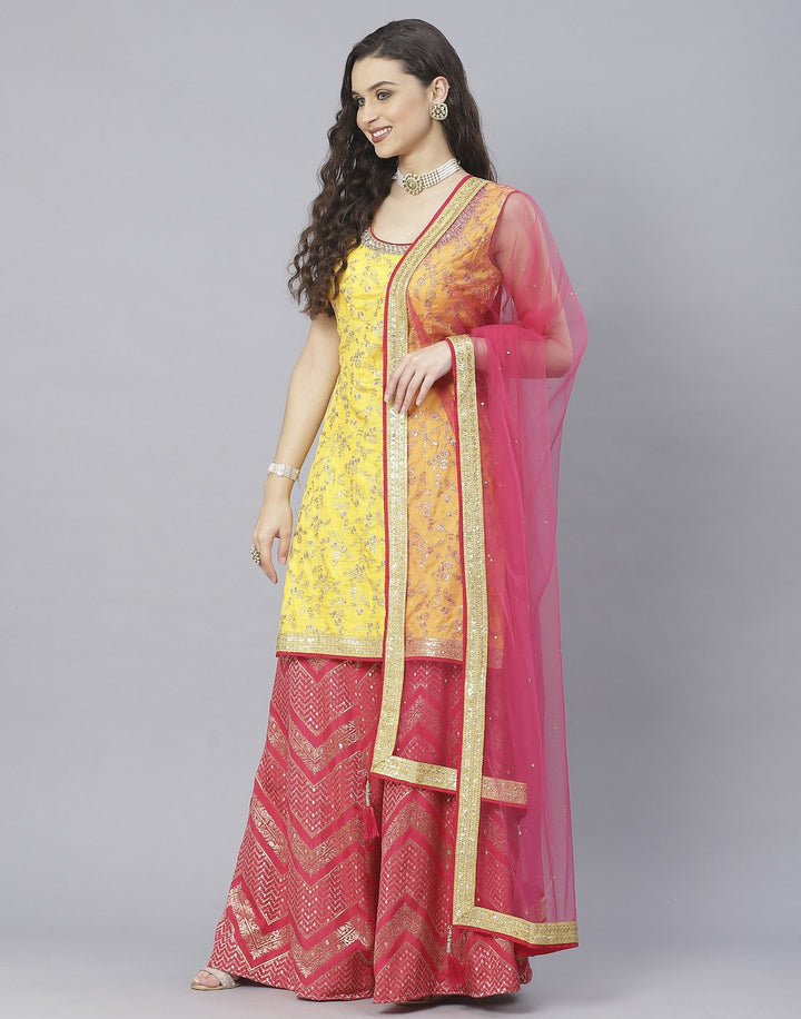 Mustard and Rani Handloom Dupion Salwar Kameez