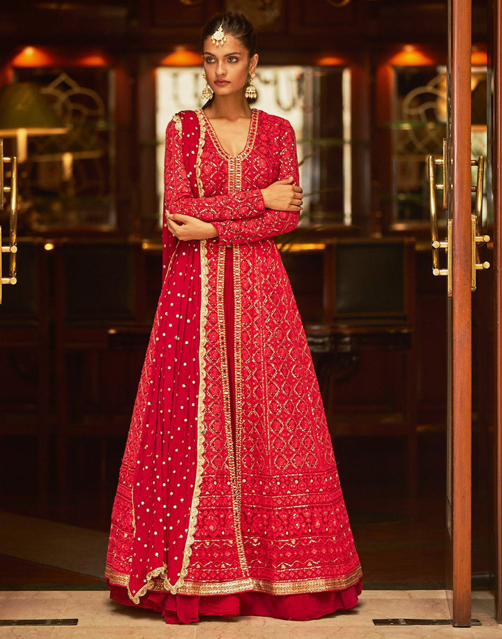 Embroidered Resham Jaal With Cutdana Georgette Lehenga With Jacket And Dupatta