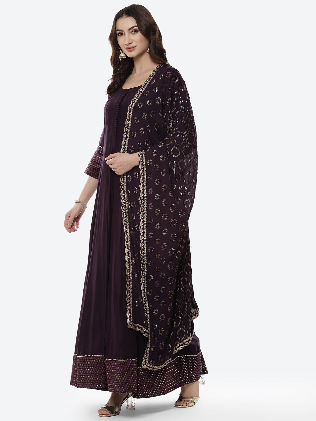 Embroidered Handloom Dupion Anarkali Stitched Salwar Kameez With Sequence Chiffon Dupatta