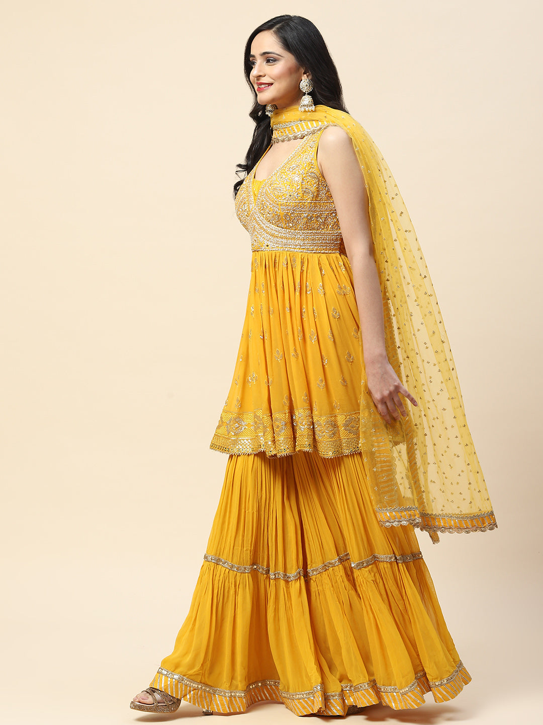 Resham Sequin Embroidered Georgette Kurta With Palazzo &amp; Dupatta