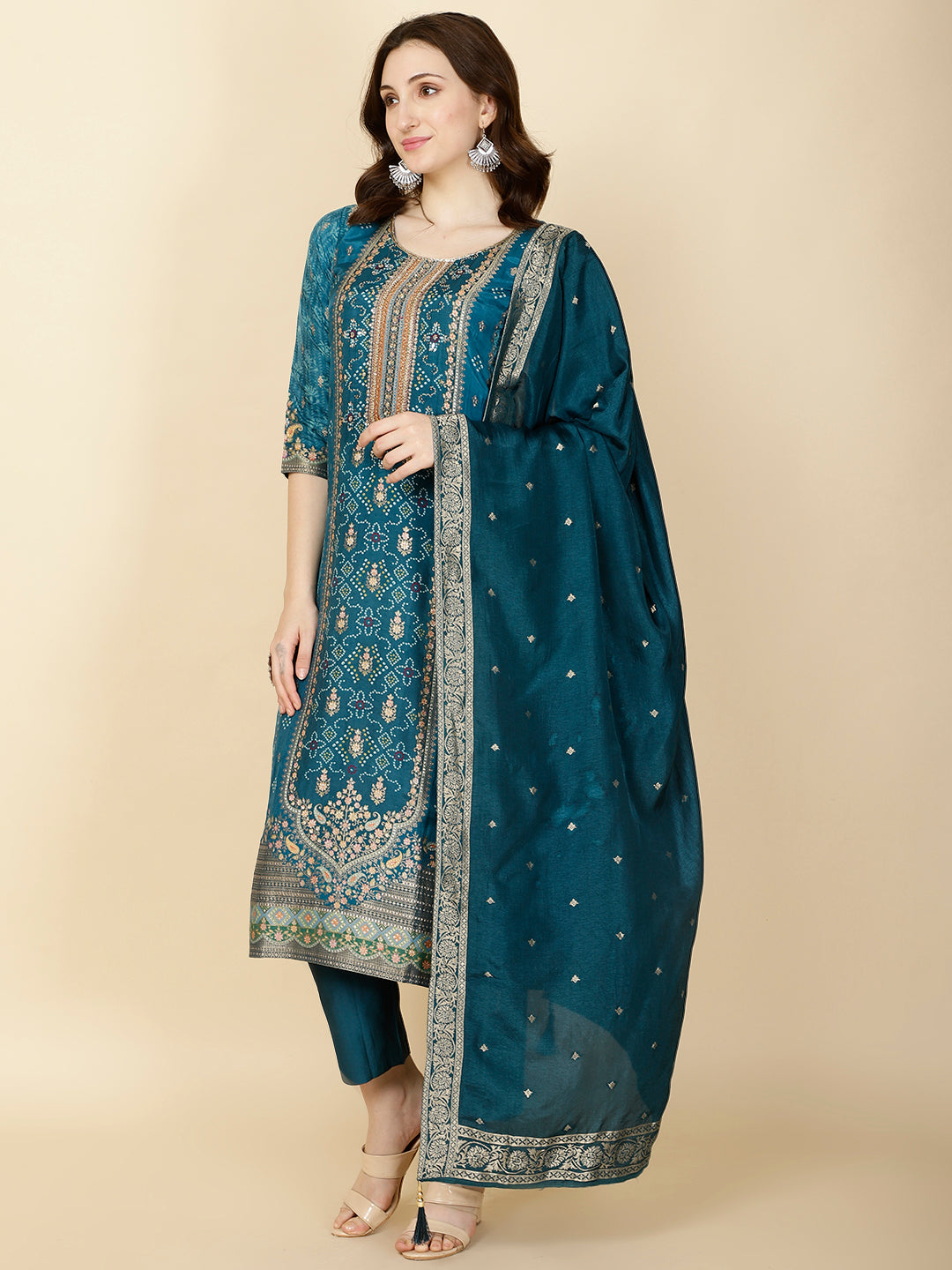 Printed Handloom Kurta With Pants &amp; Dupatta