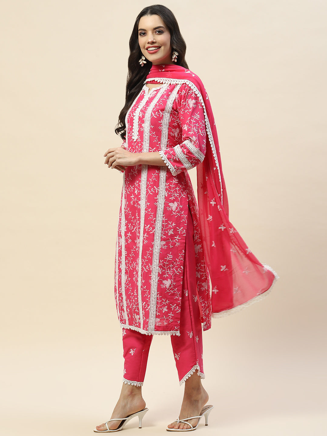 Printed &amp; Embroidered Cotton Suit Set With Dupatta