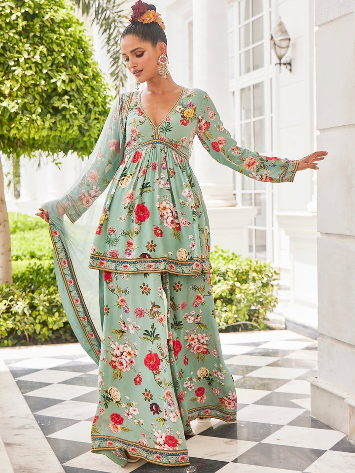 Floral Digital Printed Crepe Kurti With Sharara &amp; Net Dupatta