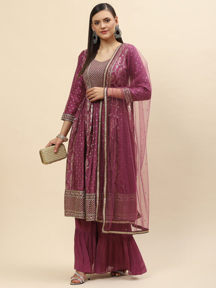 Banarasi Embroidered Chanderi Kurta With Sharara &amp; Net Dupatta