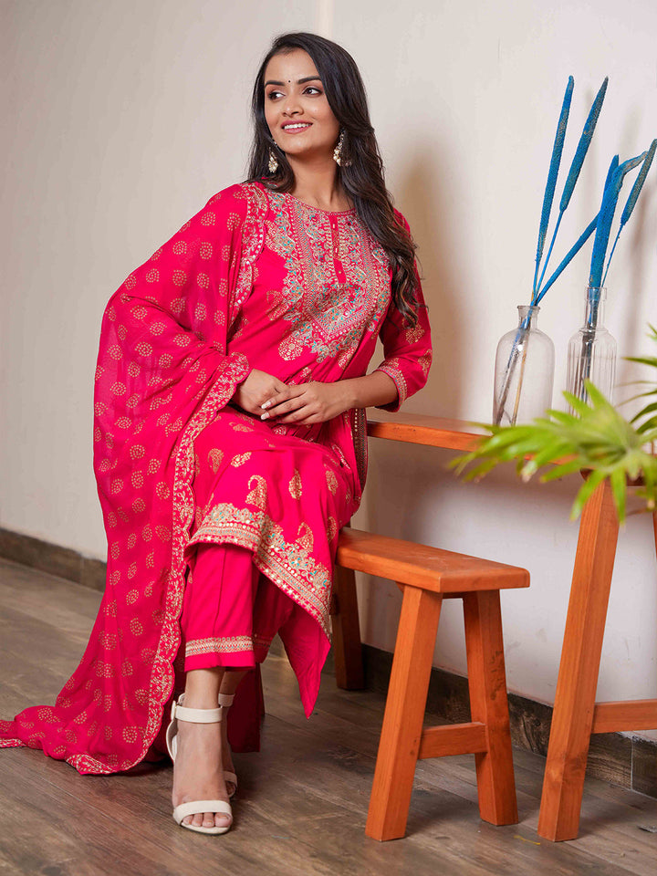 Zari Booti &amp; Paisley Printed Kurta With Pants &amp; Dupatta