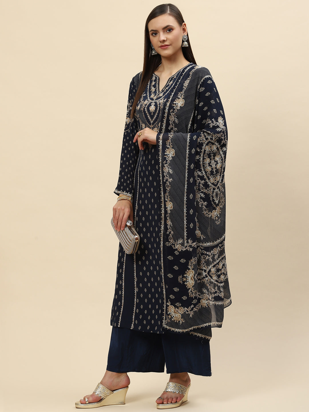 Digital Printed Crepe Kurta With Palazzo &amp; Net Dupatta
