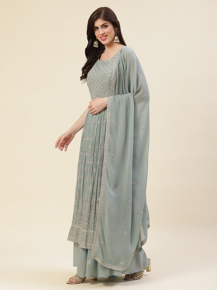 Sequin Embroidered Georgette Kurta With Palazzo &amp; Dupatta