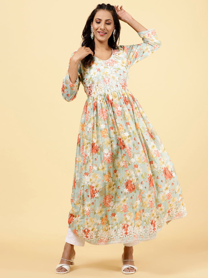 Floral Printed &amp; Neck Embroidered Cotton Kurta