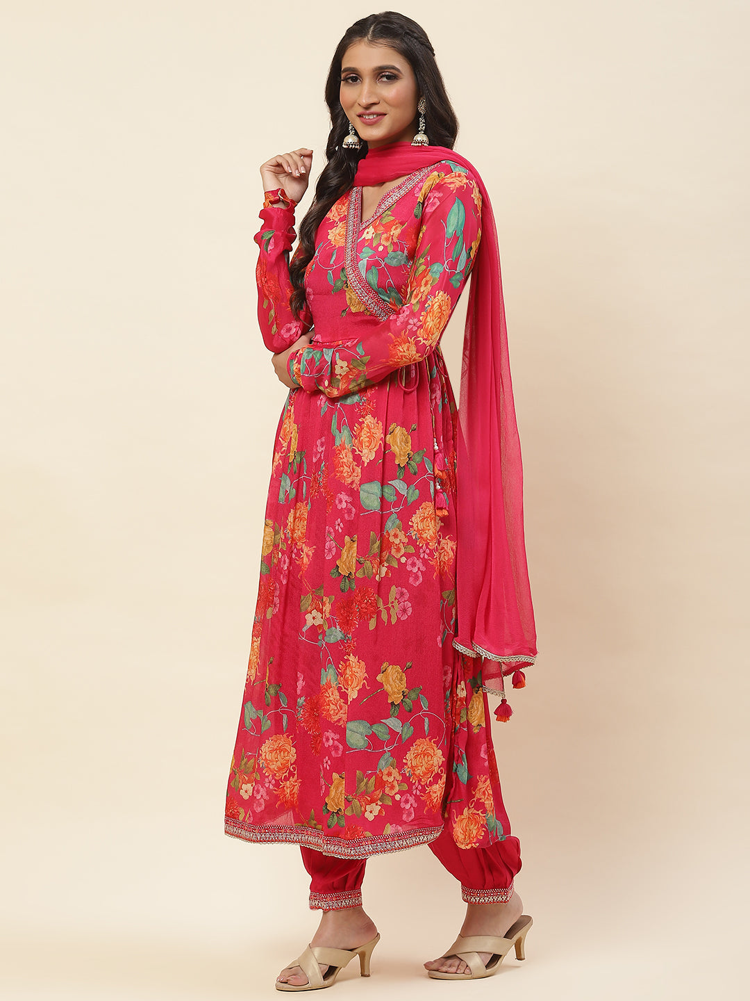 Floral Printed Chiffon Kurta With Pants &amp; Dupatta