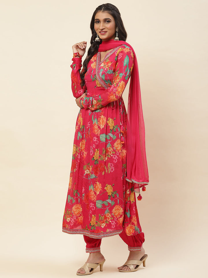 Floral Printed Chiffon Kurta With Pants &amp; Dupatta