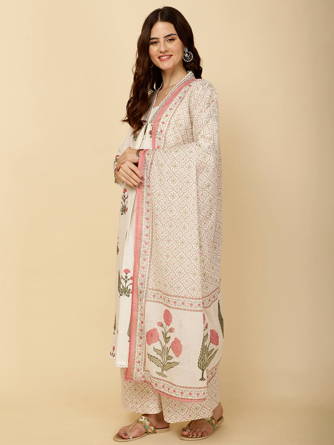 Block Printed Cotton Kurta With Palazzo &amp; Dupatta