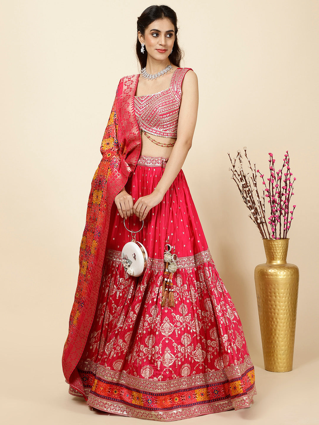 Embroidered Banarsi Choli With Lehenga &amp; Dupatta