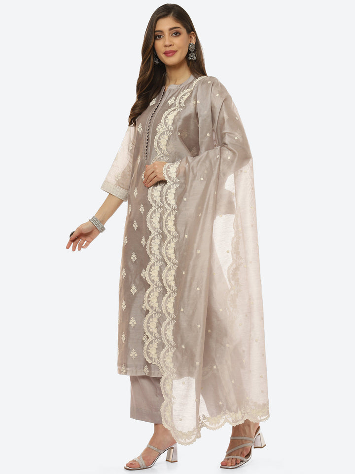 Resham Booti Cotton Kurta With Pant &amp; Dupatta
