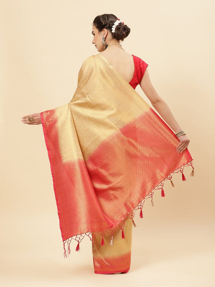 Brocade Zari Jaal Art Handloom Saree  with Contrast Blouse
