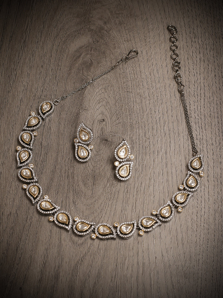 Golden &amp; White Kundan Necklace Set With Earrings