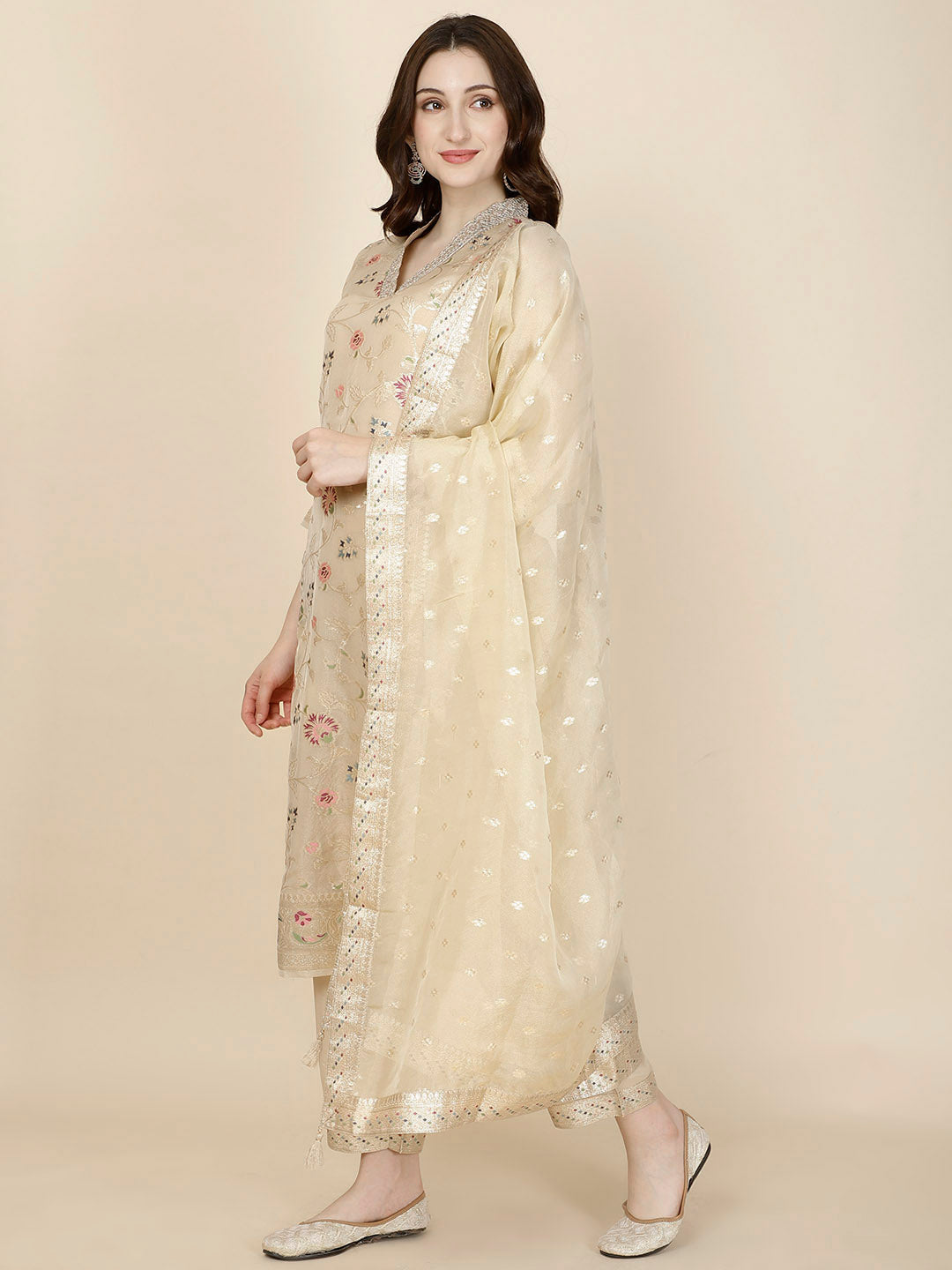 Floral Woven Tissue Kurta With Pants &amp; Dupatta