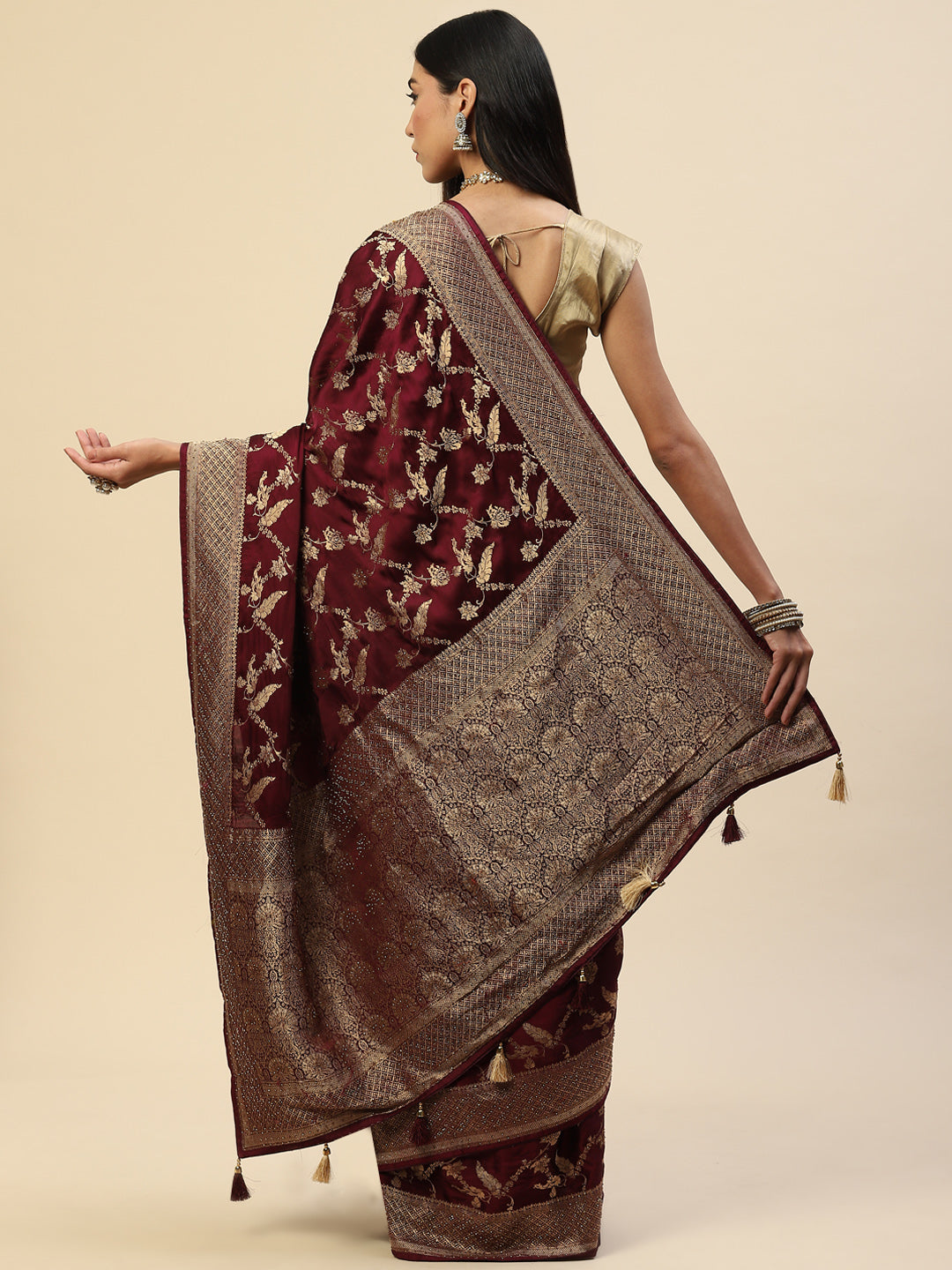 Floral Stone Jaal Satin Woven Saree