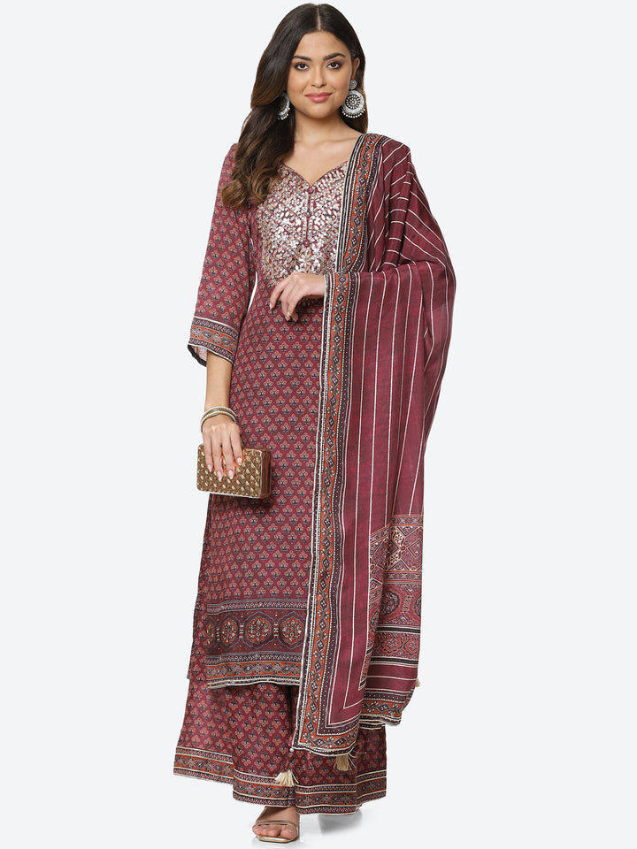 Printed Gota Neck Cotton Kurta With Palazzo &amp; Dupatta