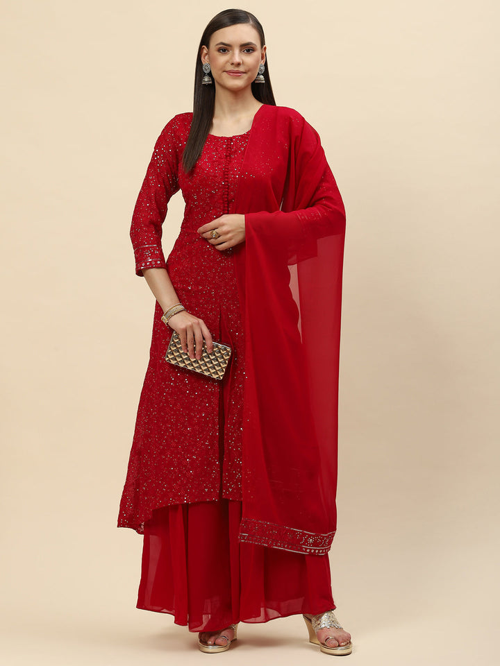 Sequin Embroidered Georgette Kurta With Palazzo &amp; Dupatta
