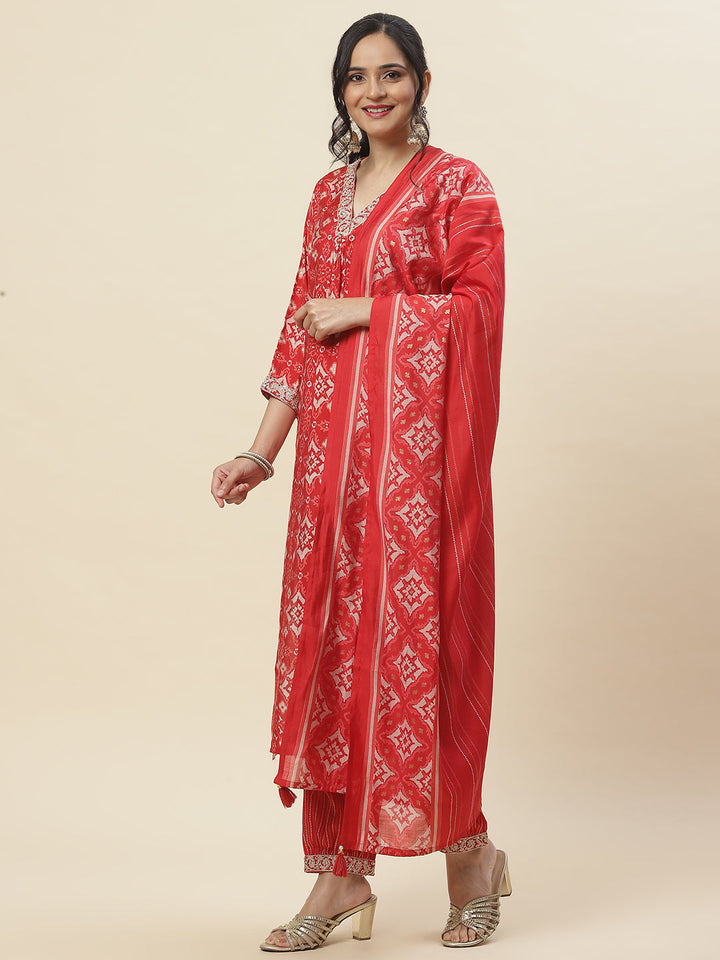 Floral Printed Cotton Kurta With Pants &amp; Dupatta