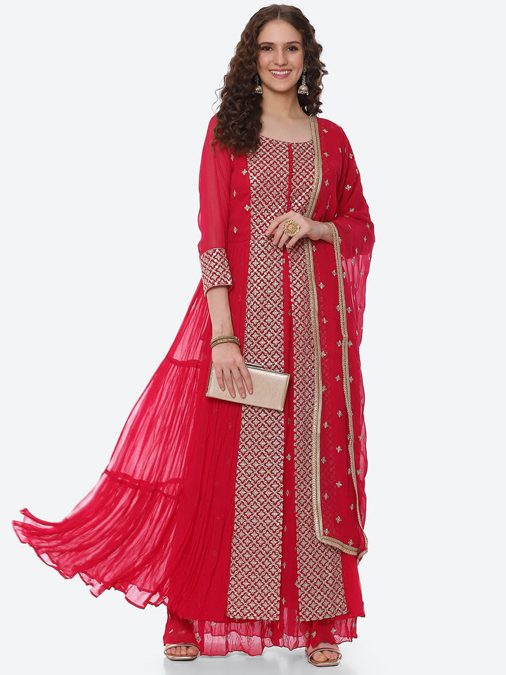 Zari Booti Neck Embroidered Georgette Kurta With Palazzo &amp; Dupatta