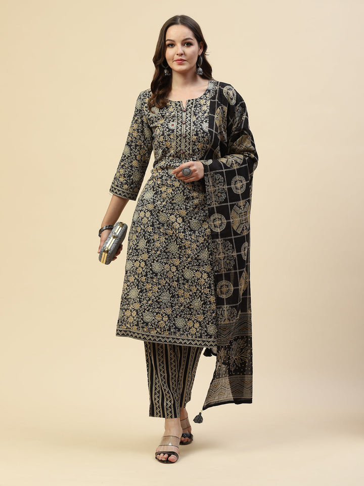 Printed Cotton Kurta With Pant &amp; Cotton Dupatta