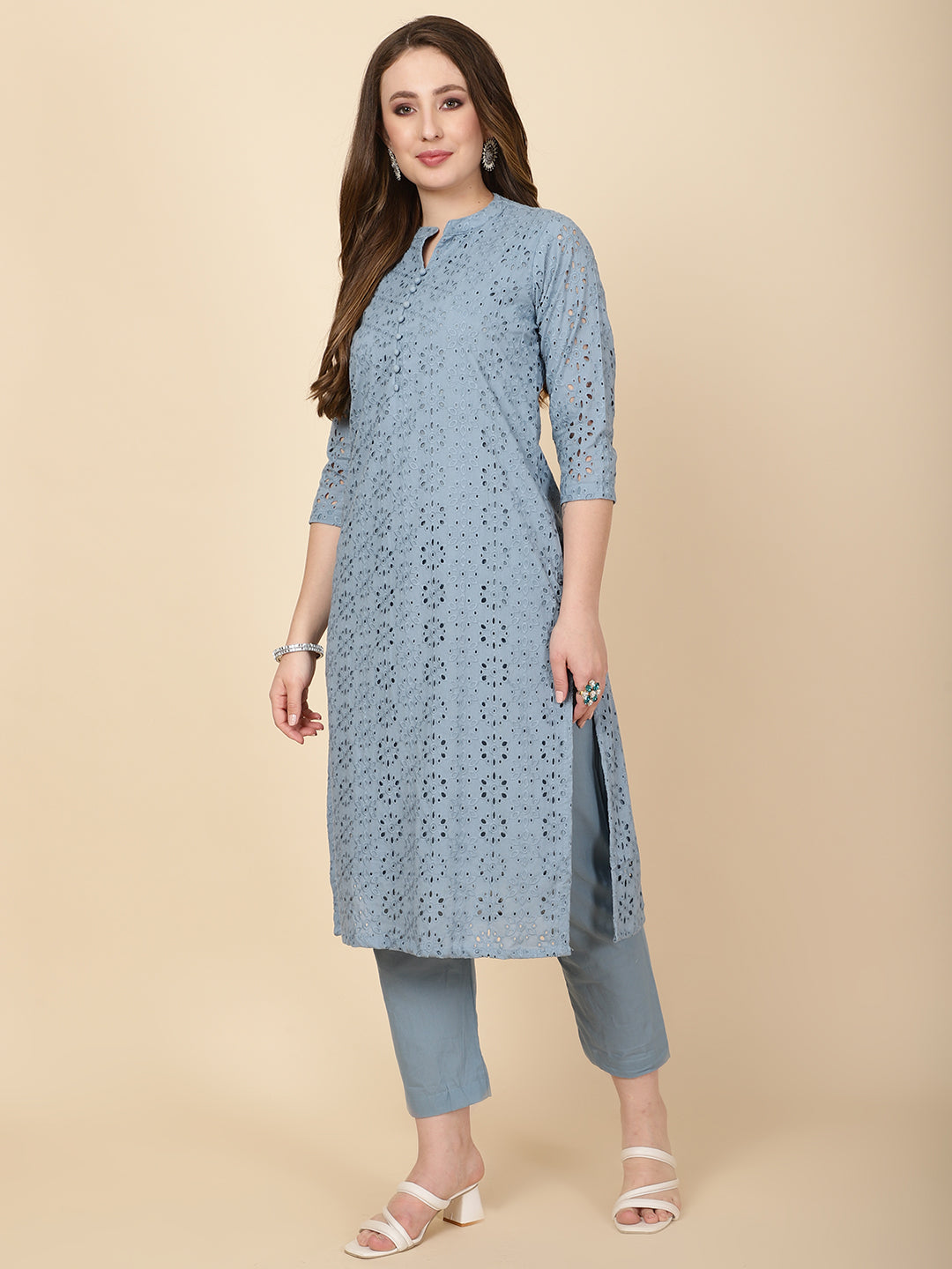 Schiffli Embroidery Cotton kurta With Pants