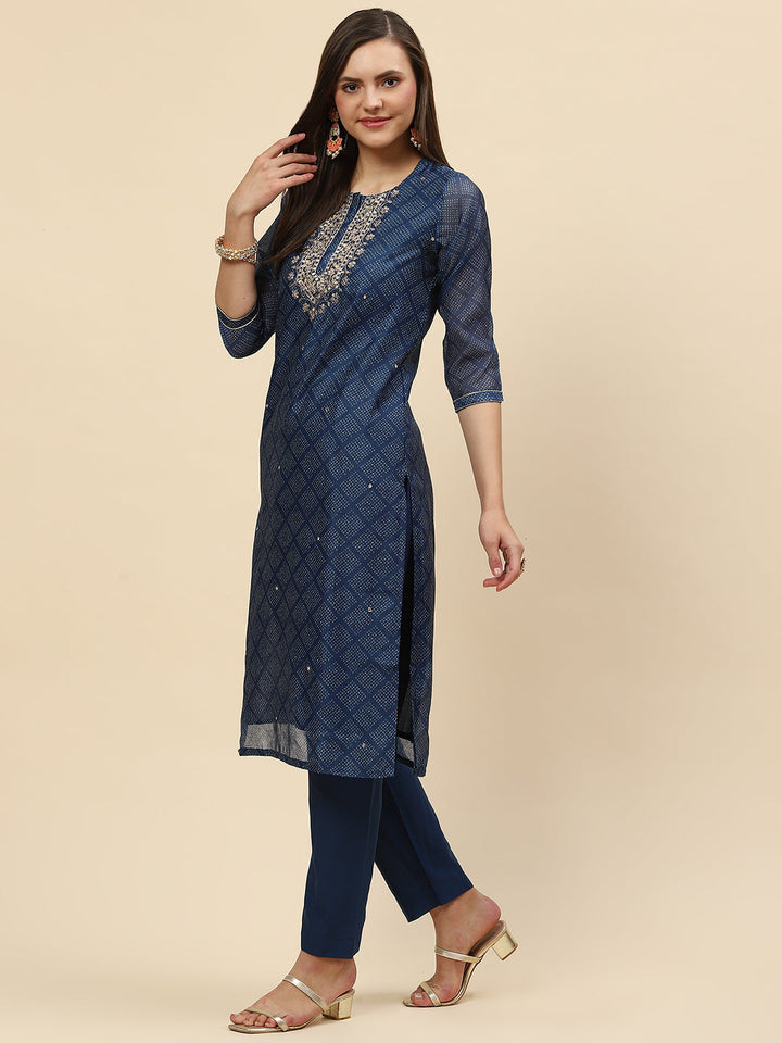 Mirror Embroidered &amp; Printed Chanderi Kurta With Pants