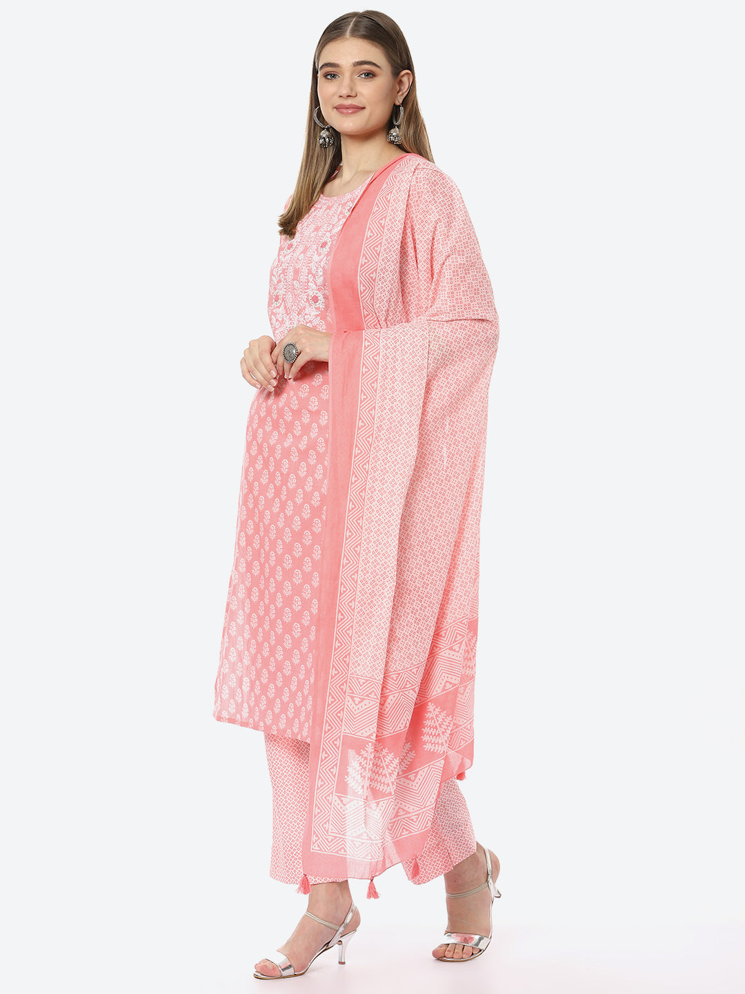 Resham Neck Booti Cotton Kurta With Pant &amp; Cotton Dupatta