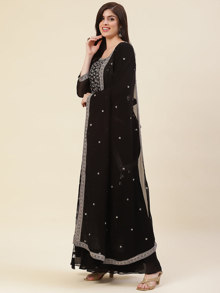 Zari Embroidered Booti Georgette Kurta With Palazzo &amp; Dupatta