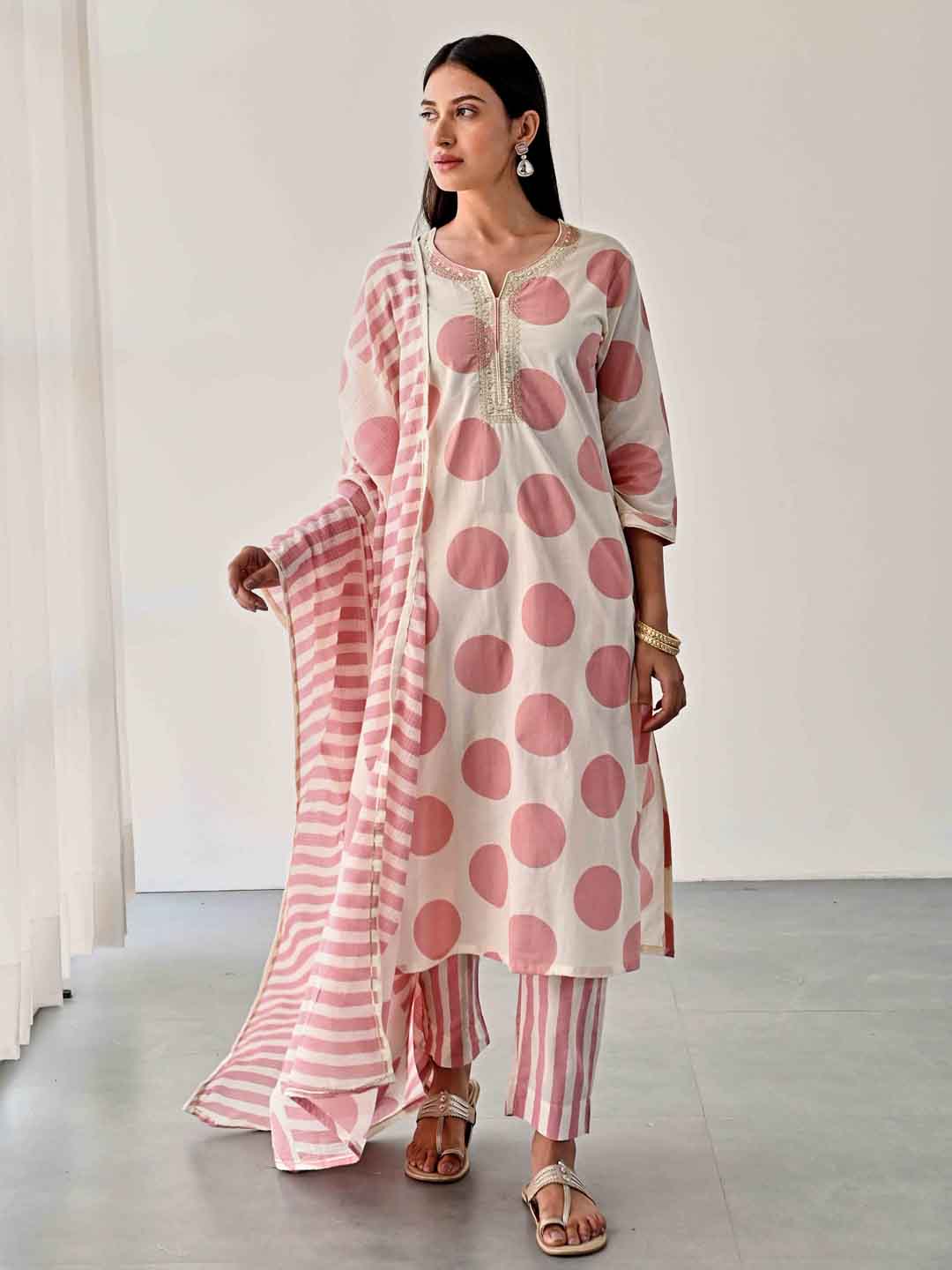 Printed Cotton Kurta With Pants &amp; Dupatta