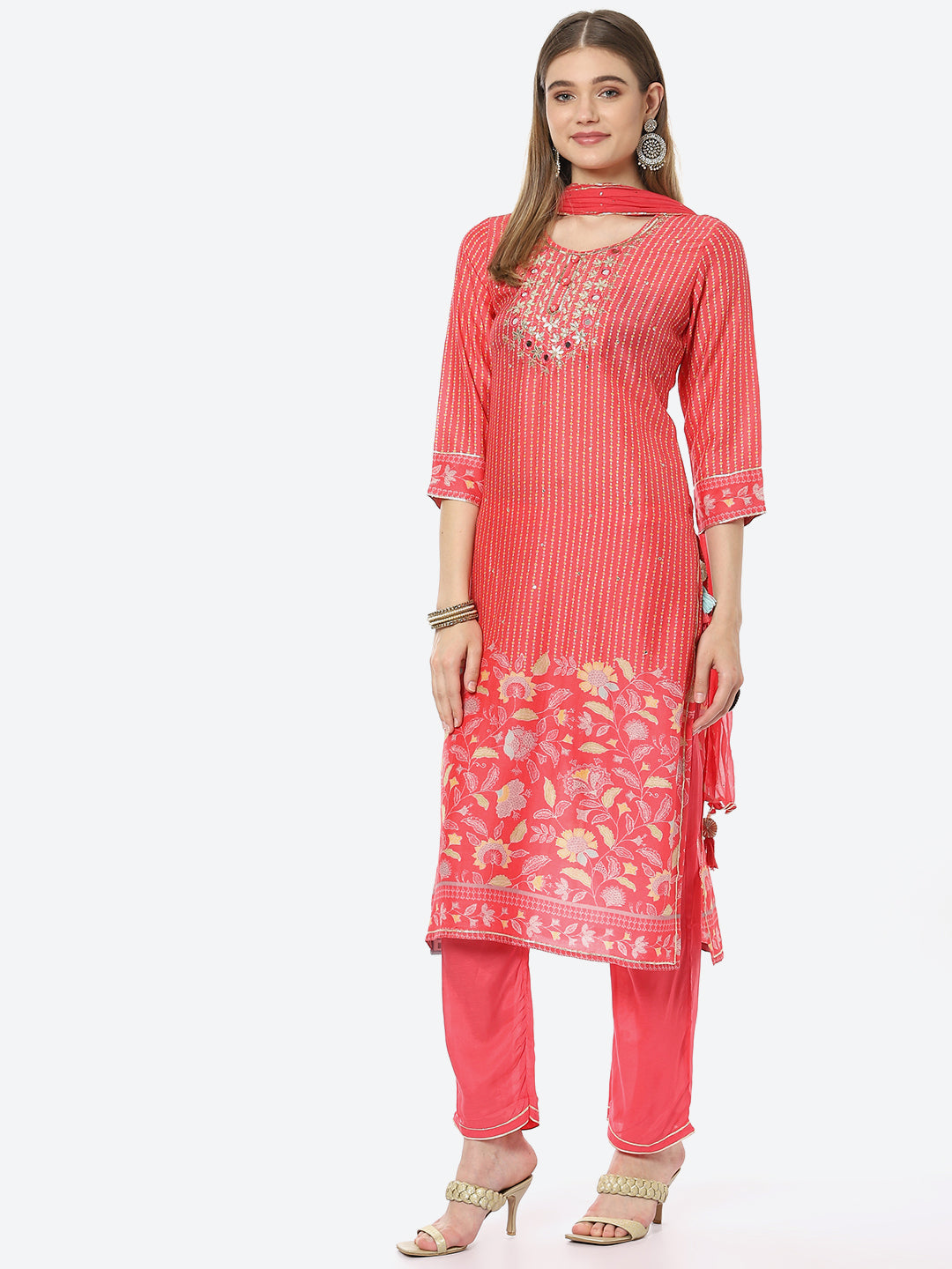 Mirror Work &amp; Printed Muslin Kurta With Pant &amp; Chiffon Dupatta