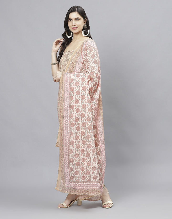 Embroidered Cotton Suit Piece With Printed Cotton Dupatta