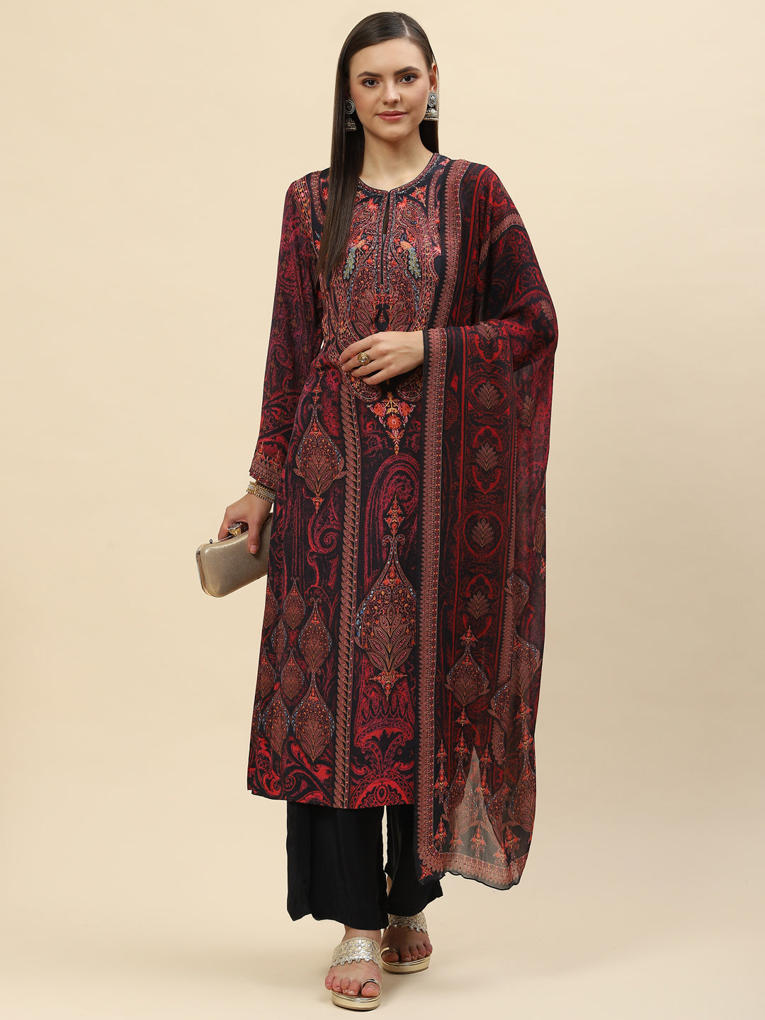 Floral Digital Printed Crepe Kurta With Palazzo &amp; Net Dupatta