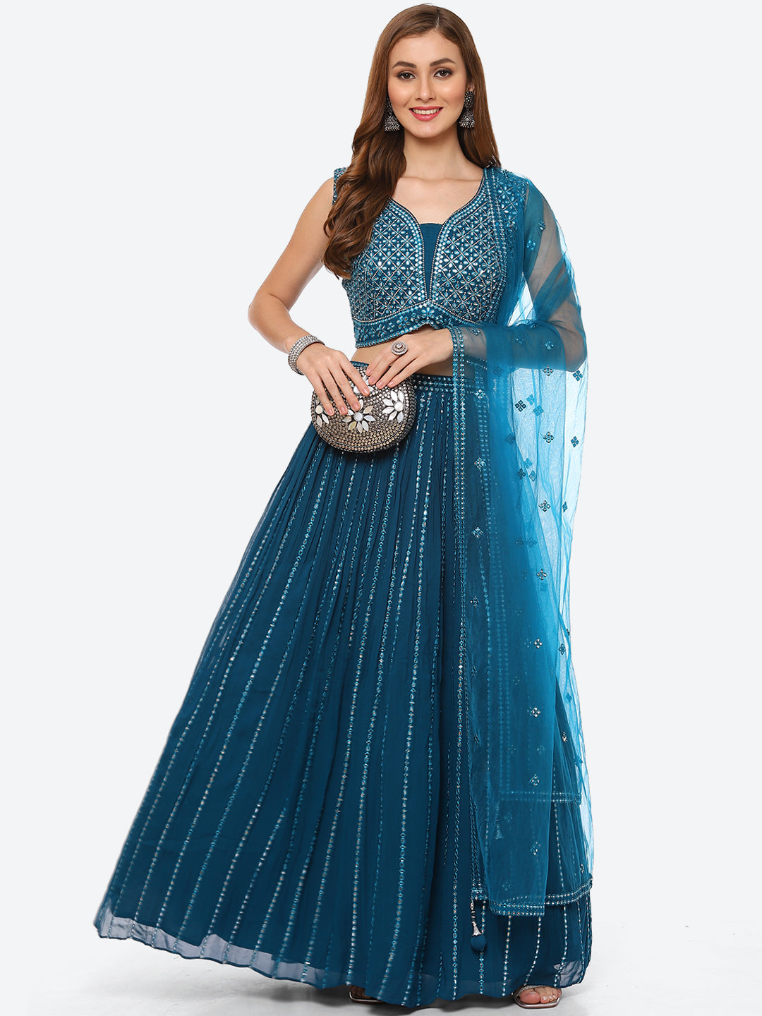 Mirror Work Georgette Choli With Laacha &amp; Net Dupatta